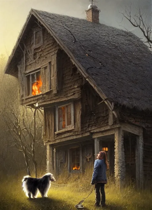 Image similar to highly detailed hyperrealistic painting of a blonde long - haired hillbilly in front of old rough house, with his fluffy black and gray australian shepherd, bonfire, stephen bliss, art by greg rutkowski, loish, rhads, ferdinand knab, makoto shinkai and lois van baarle, tom bagshaw, global illumination, artstation