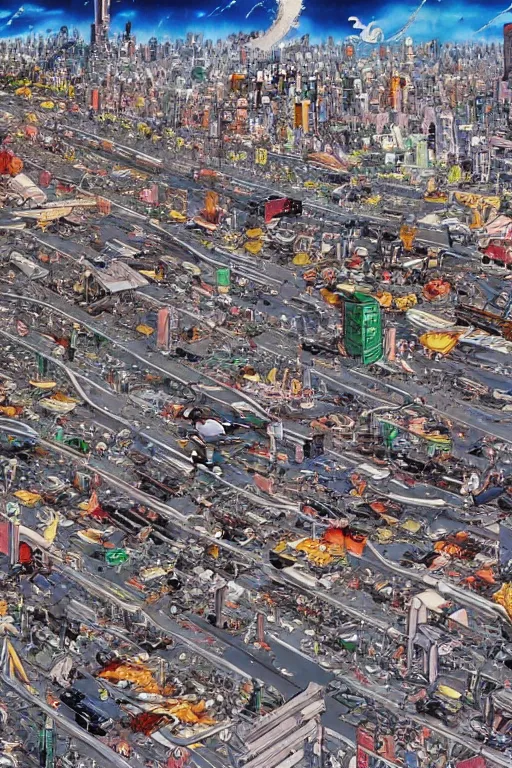 Image similar to it's an anime mural by katsuhiro otomo, it depicts a robotic giant towering over a world's city. below him are rows of cars and roads, while in the sky above are airplanes.