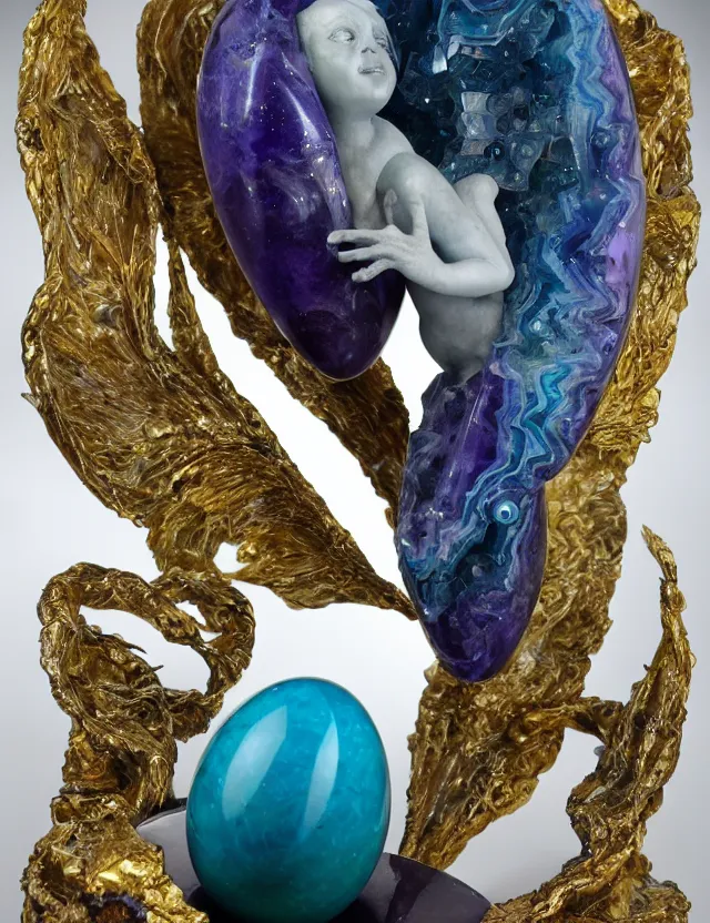 Image similar to a sculpture of a winged child made from blue and emerald and amethyst crystal geode formations with a marble egg with obsidian base with liquid gold tendrils flowing by ellen jewett by stanisław szukalski, octane render, byzantine, spirals, elestial crystals, geode,