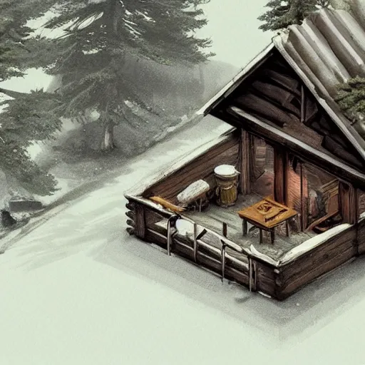 Image similar to concept art of an inside of a cabin in the woods, isometric view, detailed, volumetric lighting, style of greg rutkowski