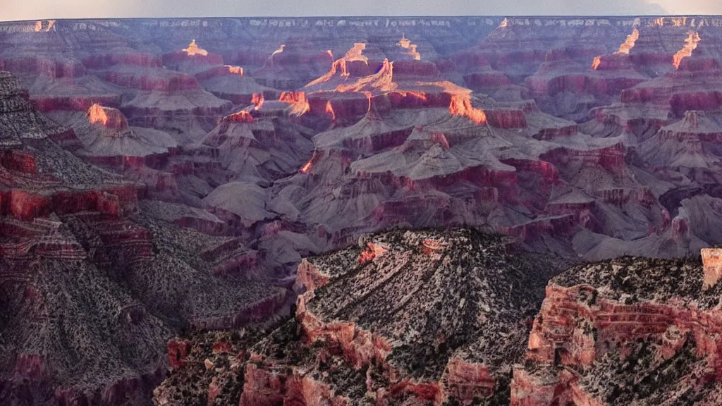 Prompt: an atmospheric screenshot of a film by denis villeneuve featuring a dark gothic cathedral carved out of rock at the top of the grand canyon