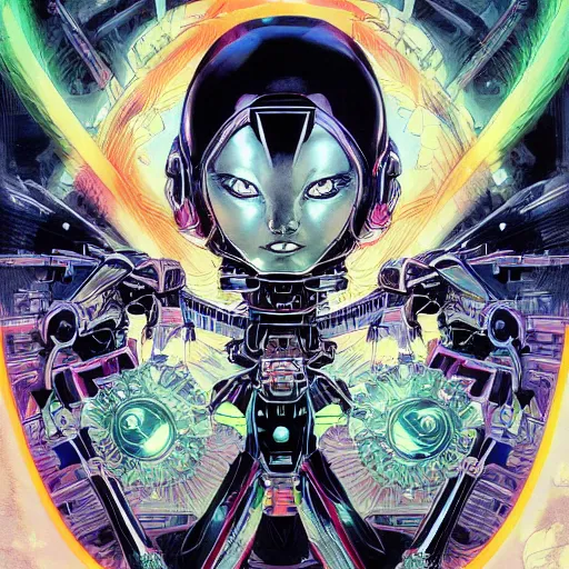 Prompt: portrait of mad alien mech queen, symmetrical, by juan gimenez, yoichi hatakenaka, masamune shirow, josan gonzales and dan mumford, ayami kojima, takato yamamoto, barclay shaw, karol bak, yukito kishiro drawing, illustration, clear line