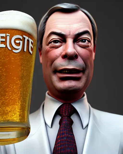 Image similar to Bitter Nigel Farage with a pint on his hand. Unreal engine, fantasy art by Betty Jiang. Faithfully depicted facial expression, perfect anatomy global illumination, radiant light, detailed and intricate environment