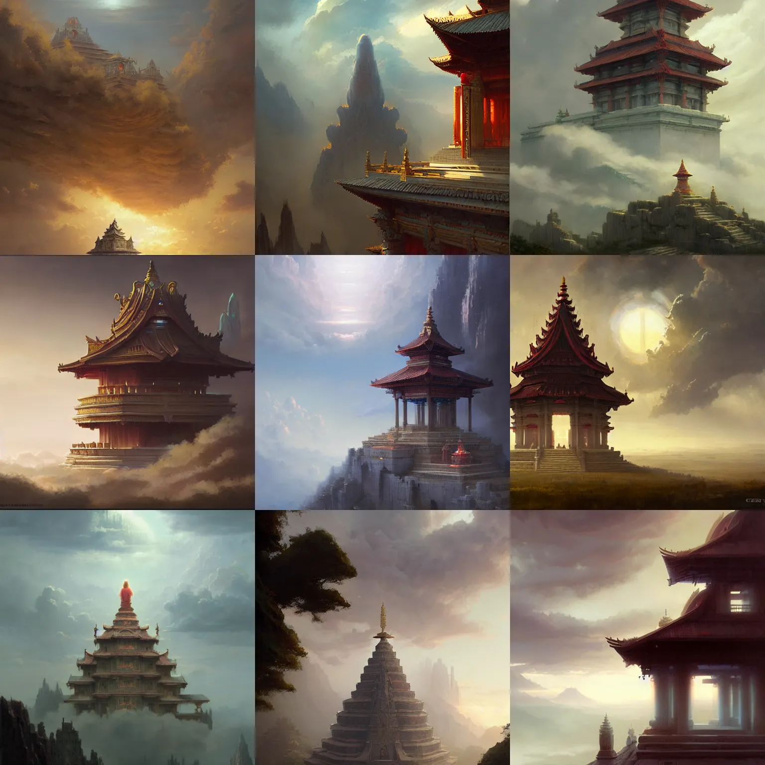 Prompt: a temple in the clouds, by greg rutkowski and james gurney