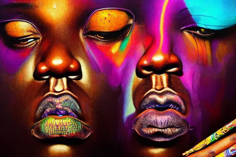 Prompt: An extremely psychedelic experience, colorful, surreal, dramatic lighting, Notorious BIG smoking a blunt, LSD, face, detailed, intricate, elegant, highly detailed, digital painting, artstation, concept art, smooth, sharp focus, hyper detailed golden ratio illustration, rich deep colors. masterpiec, Beksinski paintin, art by Sam Spratt, San Mumford, Artem Demura and Alphonse Mucha