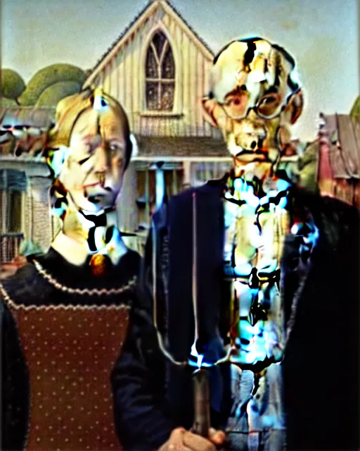 Prompt: American Gothic by Grant Wood painted by Hieronymus Bosch