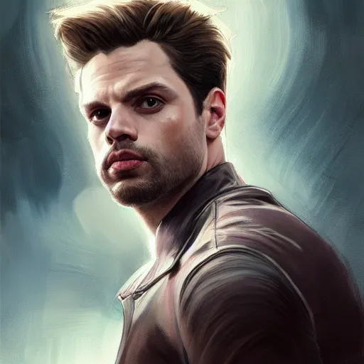 Image similar to portrait of Sebastian Stan, wide angle, intricate, wild, highly detailed, digital painting, artstation, concept art, smooth, sharp focus, illustration, art by artgerm and greg rutkowski and alphonse mucha - W 768