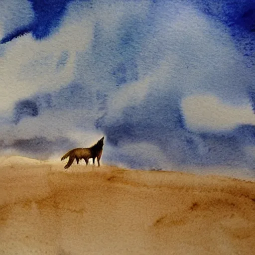 Prompt: wolf in a beautiful natural scene. heath, sand dune, dry grass and trees. beautiful light, dramatic clouds. soft colour scheme. beautiful artistic detailed watercolor by vincent.