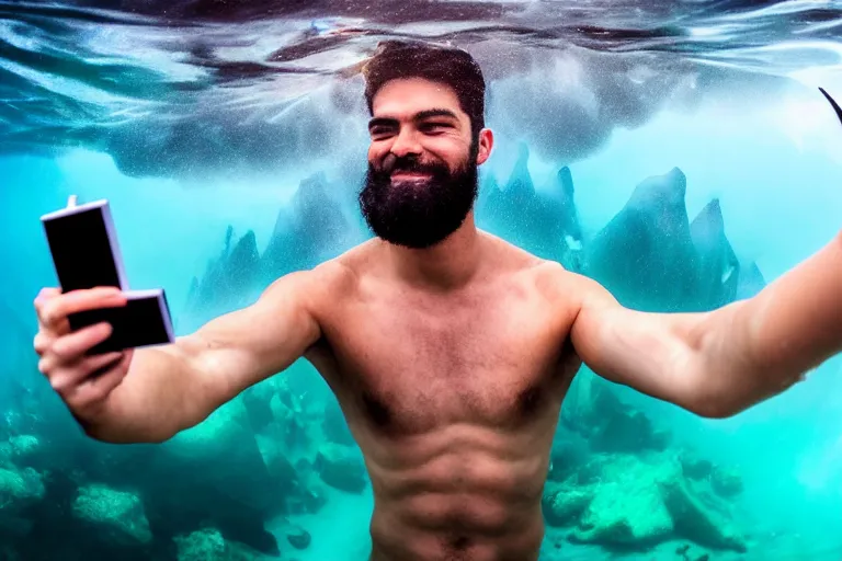 Image similar to high quality 4 k resolution go pro photo of storm god poseidon taking a selfie of himself with a go pro oil painting, hyperrealistic, underwater look king confused holding his trident