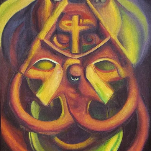 Image similar to portre of an autistic demon on acid, masonic and kabalistic symbols in background, oil painting