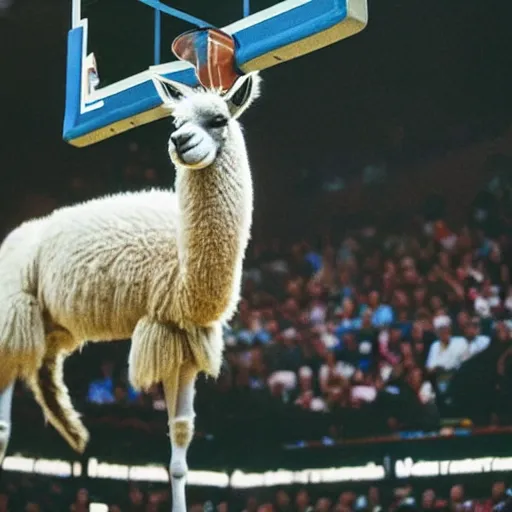 Image similar to film still of a llama in a jersey dunking a basketball like michael jordan, low angle, show from below, tilted frame, 3 5 °, dutch angle, extreme long shot, high detail, indoors, dramatic backlighting.