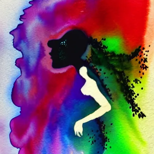 Image similar to a silhouette with its mind exploding into a beautiful watercolor dream