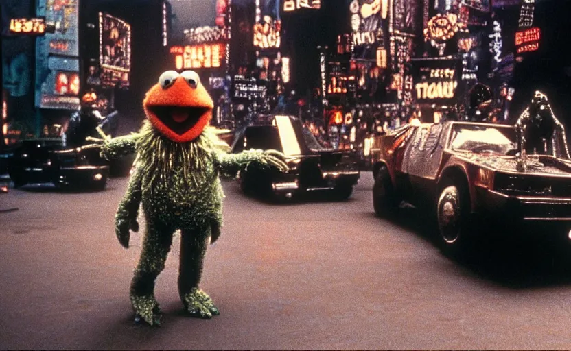 Image similar to a still of muppets in blade runner ( 1 9 8 2 ). highly detailed felt. hyper real photo. 4 k.