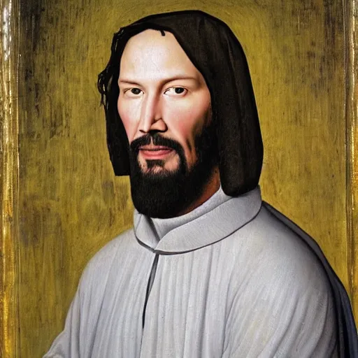 Image similar to portrait of keanu reeves, oil painting by jan van eyck, northern renaissance art, oil on canvas, wet - on - wet technique, realistic, expressive emotions, intricate textures, illusionistic detail