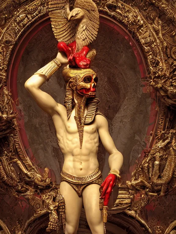 Prompt: a man with many many big birds baroque elements pipes bones in the form of a wax liquid Egyptian sculpture Bastet. bubbling red wax, super hero pose, skull, flowers, baroque. intricate art by caravaggio. Trending on artstation. octane render, cinematic, hyper realism, octane render, 8k, depth of field, bokeh. iridescent accents. vibrant. teal and gold and red colour scheme