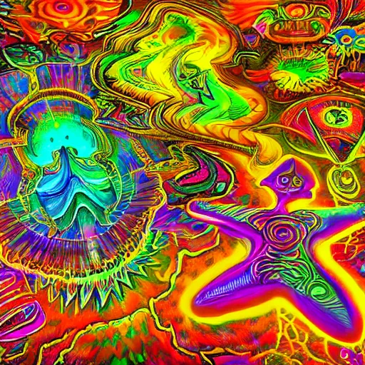 Image similar to dmt trip to another dimension, highly detailed, bright tones, abstract