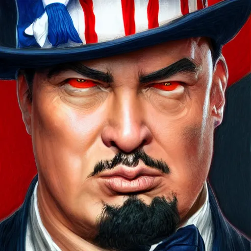 Prompt: portrait of uncle sam punching steven seagal, d & d, fantasy, intricate, elegant, highly detailed, digital painting, artstation, concept art, smooth, sharp focus, illustration, art by artgerm and greg rutkowski and alphonse mucha