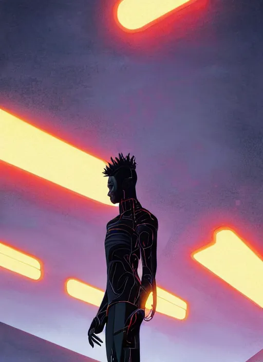 Image similar to full body side profile of a slim black man with a mohawk wearing futuristic techwear, highly detailed clothing, angular jawline, digital painting, artstation, blade runner concept art, smooth, sharp focus, electric orange light, fantasy art by greg rutkowski, loish, rhads, ferdinand knab, makoto shinkai, ilya kuvshinov, rossdraws