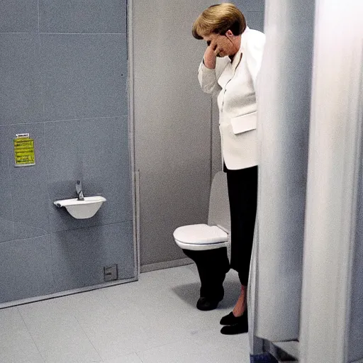 Prompt: angela merkel peeing at a urinal