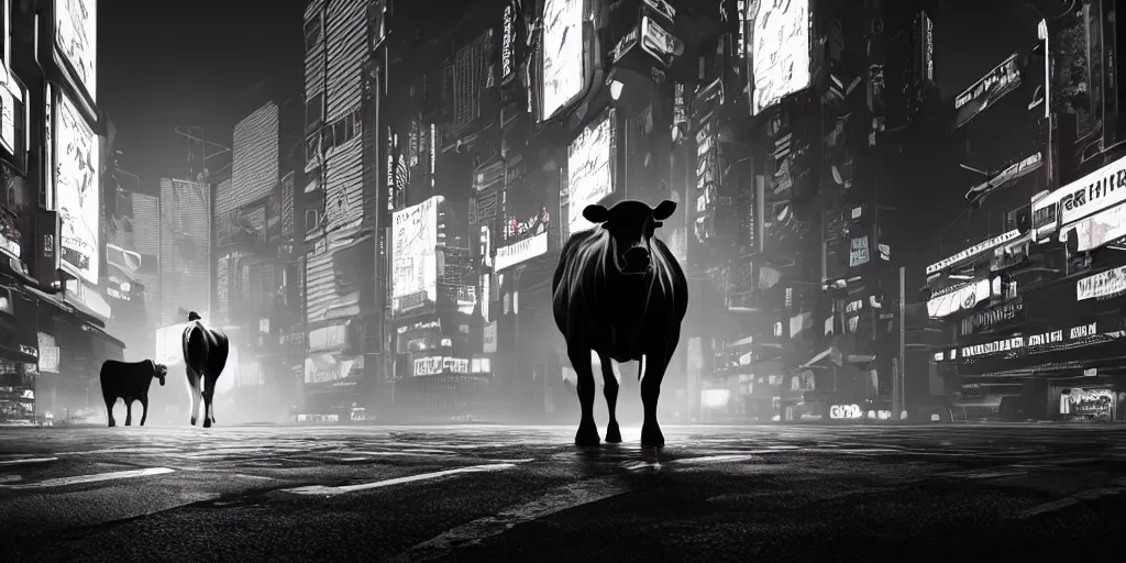 Prompt: silhouette of cow in cyberpunk city night, ultrafine highly detailed hyper illustration, sharp focus, unreal engine highly rendered, global illumination, radiant light