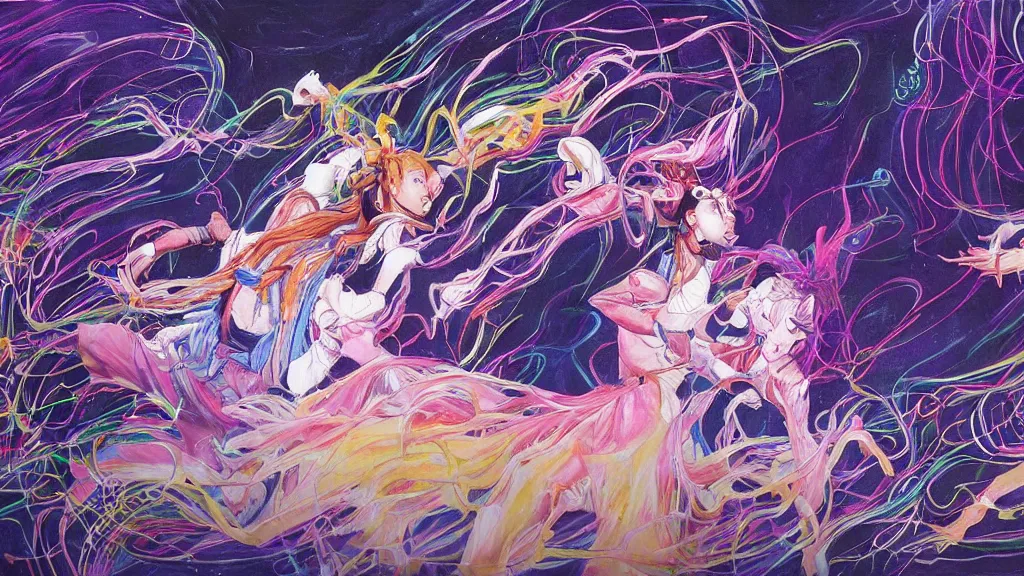 Image similar to a detailed painting of two people dressed as gen z dancing togheter in a nightclub, inspired by yoshitaka amano enveloped in trails of colorful animal ghosts floating around them. clean painting, realistic and auora lighting. dark blue and intense purple color palette, art by yoshiyuki tomino, 8 k