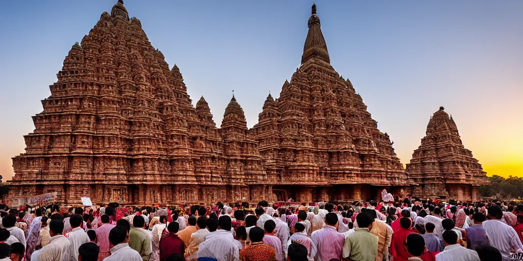 Prompt: an award winning wide angle photo of a giant and intricately carved stone Ghanesha temple, at sunset, punja ritual, crowds of humble worshipers present offerings, beautiful, inspiring