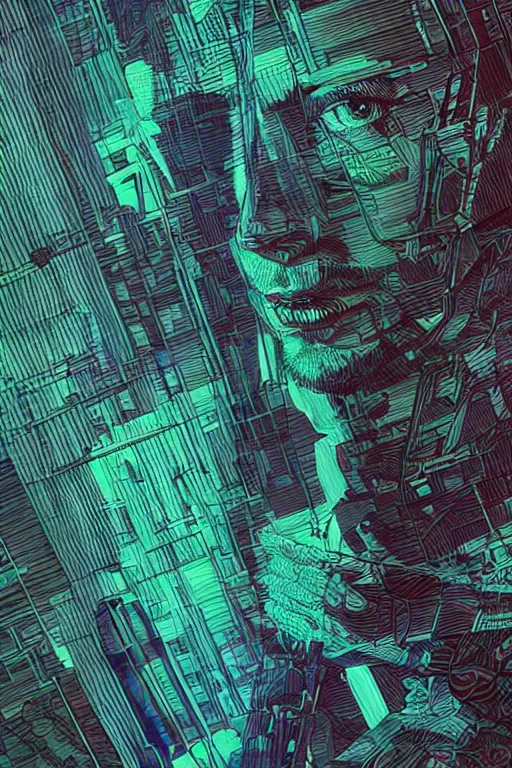 Prompt: A portrait of Thom Yorke as a cyberpunk, iridescent highlights, background of digital greebles, highly detailed, intricate, soft, sci-fi, sharp focus, glowing lines, art by Moebius