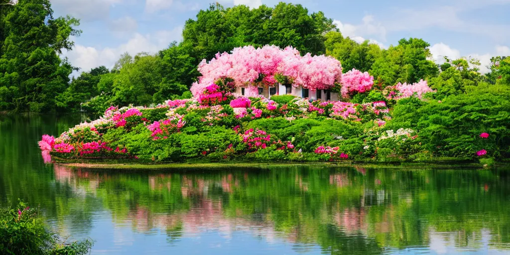 Image similar to summer manor with peony flowers and lake, bokeh