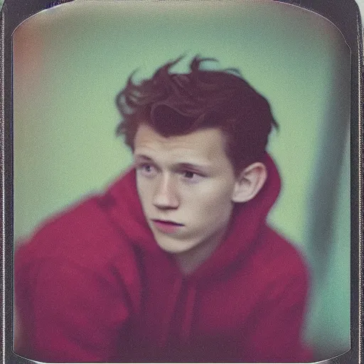 Image similar to grainy color polaroid of Tom Holland, dreamlike, intricate detail, sigma 85mm f/1.4, 4k