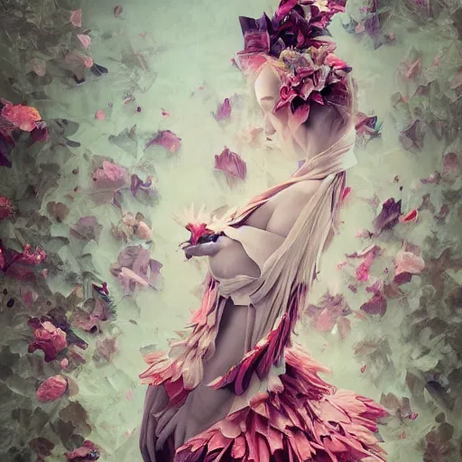 Prompt: long shot of a beautiful girl wearing an origami dress, eye - level medium shot, fine floral ornaments in cloth and hair, hummingbirds, elegant, by eiko ishioka, givenchy, by peter mohrbacher, centered, fresh colors, origami, fashion, detailed illustration, vogue, japanese, reallusion character creator