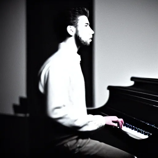 Prompt: attractive male, playing piano, low - key lighting, vaporwave, daguerrotype