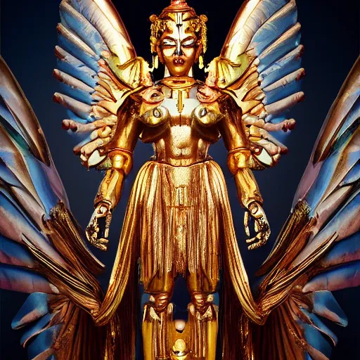Prompt: UHD candid photo of a robot Angel Vishnu, UHD, photorealistic, real wings, correct face, photo by Annie Leibowitz