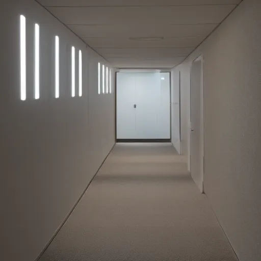 Prompt: non-euclidean office space, uneven hallways