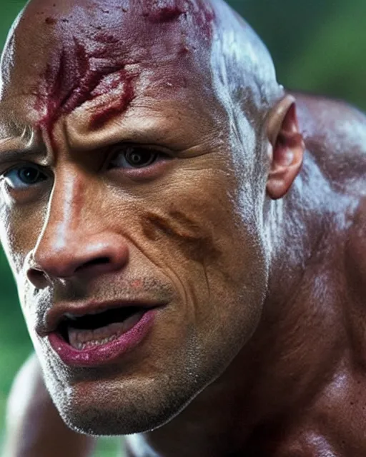 Image similar to film still close - up shot of dwayne johnson from the movie predator. photographic, photography