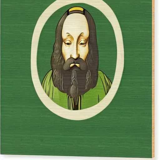 Image similar to portrait of leonardo da vinci in simple green background in the style of japanese cartoon and japanese wood print