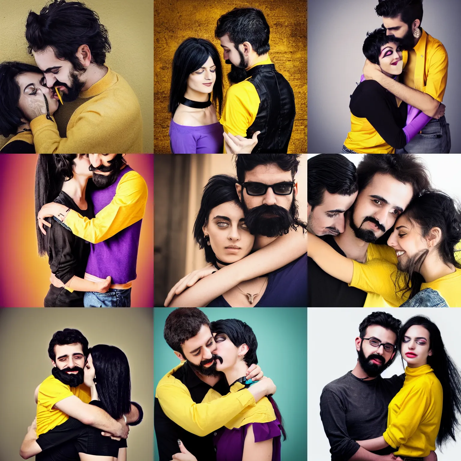 Prompt: an Italian girl with short black hair, black chocker and black clothes is hugging an Italian boy with yellow and black long hair in a ponytail, a mustache and beard goatee wearing yellow and purple clothes, professional photography CANON Artstation beautiful