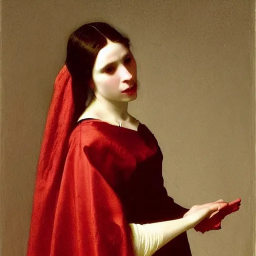 Image similar to sublime portrait of a woman in a red satin dress, very pale, graceful yet imposing, by Vermeer, (Bouguereau), strong dramatic cinematic lighting, 17th-century, smooth, sharp focus, extremely detailed