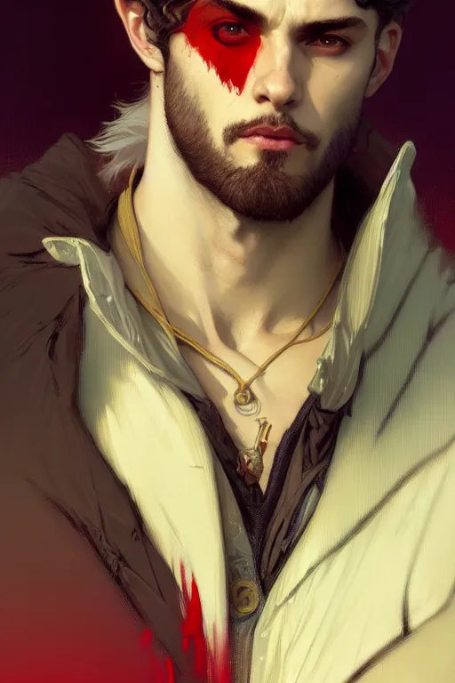 Image similar to portrait of a beautiful young fit male vampire with curly white hairs and yellow eyes, dressed with urban clothes, by greg rutkowski and alphonse mucha, d & d character, gradient white to red, modern nocturnal background, highly detailed portrait, digital painting, artstation, concept art, smooth, sharp focus ilustration, artstation hq