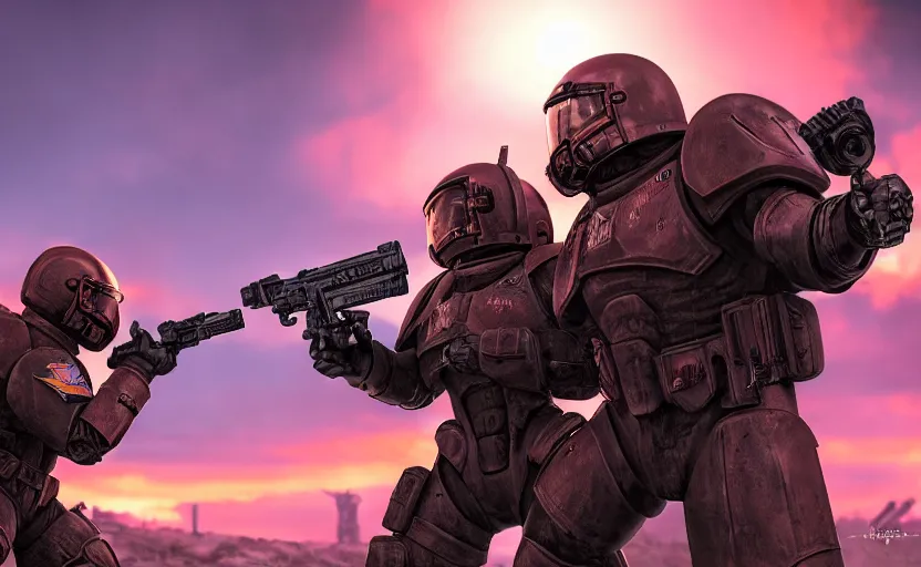 Image similar to gritty comic book cover, 2 beautiful woman space marines!, back to back firing heavy bolters, shouting, pretty eyes, sunset lighting, war silhouette in background, hyper realism, realistic shading, cinematic composition, blender render, octane render, hdr, detailed textures, photorealistic, ultrawide shot, 1 6 mm lens