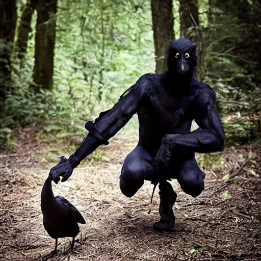 Image similar to !!! chimera consisting of male human and crow, photograph captured in a forest