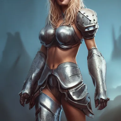 Prompt: full body portrait of a blonde female wearing bikini knight armor, an ultrafine hyperdetailed illustration by tooth wu and wlop and beeple and greg rutkowski, trending on artstation, highly detailed, 4 k, 8 k