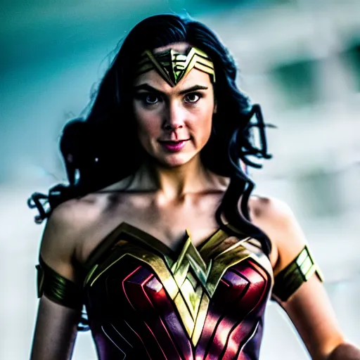 Image similar to Wonder Woman from Justice League movie, stunning portrait, 35mm F/1.2