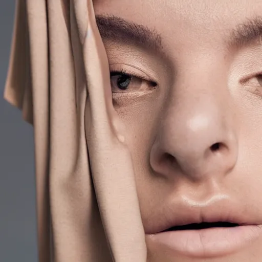 Image similar to close up of face of female fashion model in minimalistic dress, beige colors, official jil sander editorial, highly detailed