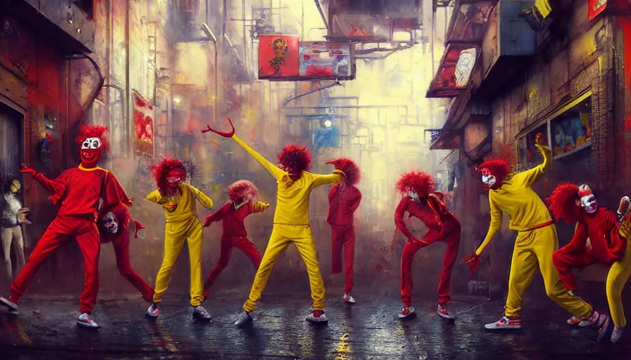 Image similar to highly detailed painting of a group of ronald mcdonalds with red afros, white facepaint, red noses and yellow tracksuits dancing in a cyberpunk alleyway by william turner, by greg rutkowski, by william constable, thick brush strokes and visible paint layers, 4 k resolution, retrowave colour scheme