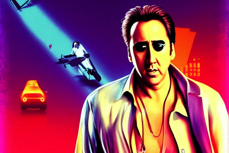 Prompt: young nicolas cage from wild at heart starring in “ miami vice ” movie poster artwork, 4 k digital art, neon, 8 0's style artstation, concept art, smooth, sharp focus, illustration, artgerm