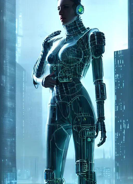 Prompt: portrait, accountant, clothed in cyber armour, body made of glass, hyperrealism, detailed, photorealistic, cyberpunk apocalyptic city, futuristic, ultra realistic, cinematic, intricate, cinematic light, unreal engine 8 k, octane render, unreal engine by charlie bowater, david kostic, stanley lau, artgerm