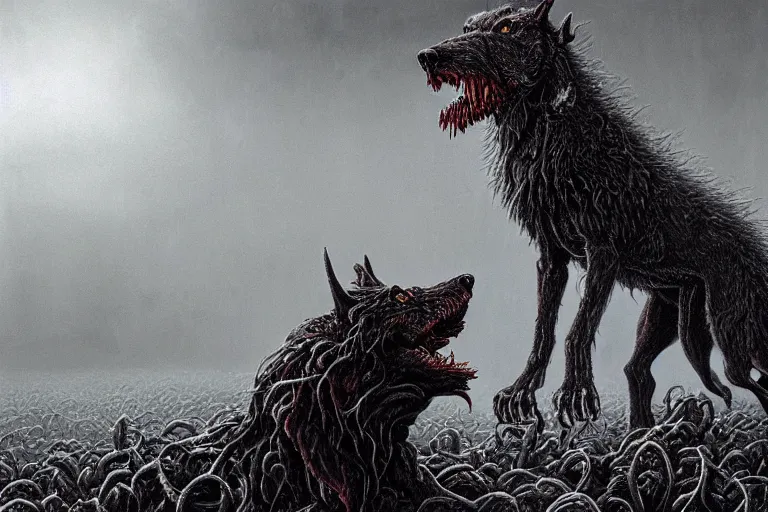 Prompt: Haunting horrifying hyperrealistic detailed painting of a demonic hellhound wolf creature sitting atop a giant throne of spikes in a foggy hellscape, dystopian feel, heavy metal, disgusting, creepy, unsettling, in the style of Michael Whelan and Zdzisław Beksiński, lovecraftian, hyper detailed, trending on Artstation