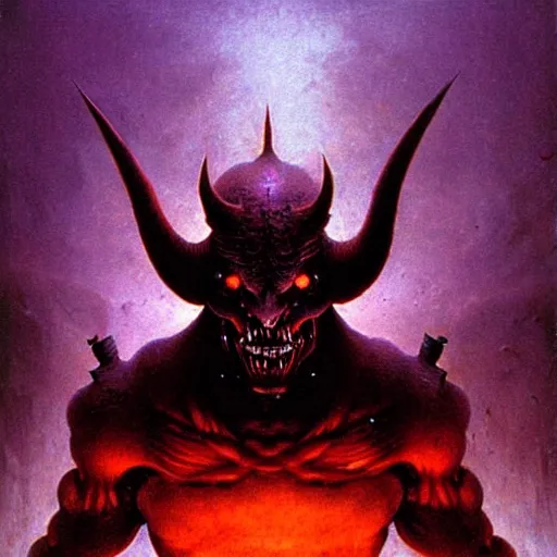 Image similar to demon with purple chestplate and black armor, muscles, balrog, beksinski