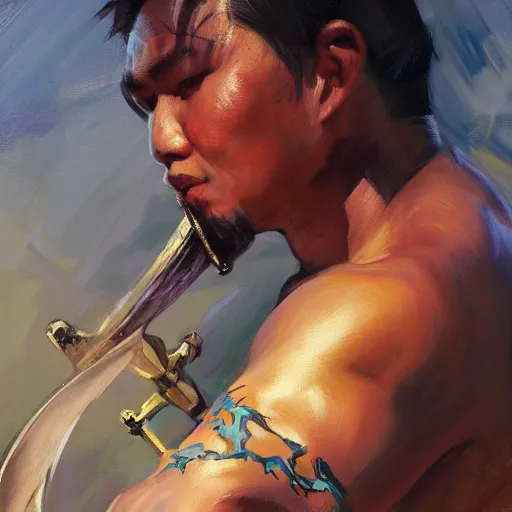 Image similar to greg manchess portrait of a filipino mma fighter charging with a sword, organic painting, sunny day, matte painting, bold shapes, hard edges, street art, trending on artstation, by huang guangjian, gil elvgren, ruan jia, randy vargas, greg rutkowski