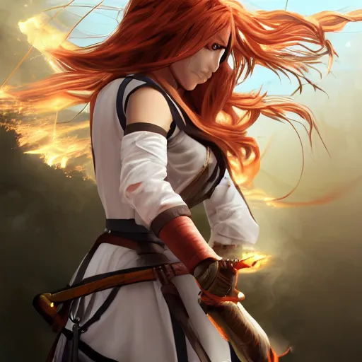 Image similar to archer girl fights fire mage, anime style, long hair, hair down, symmetrical facial features, arknights, modern clothes, hyper realistic, pale skin, 4k, rule of thirds, extreme detail, detailed drawing, trending artstation, hd, scifi, videogame, realistic lighting, by Alphonse Mucha, Greg Rutkowski, sharp focus, backlit